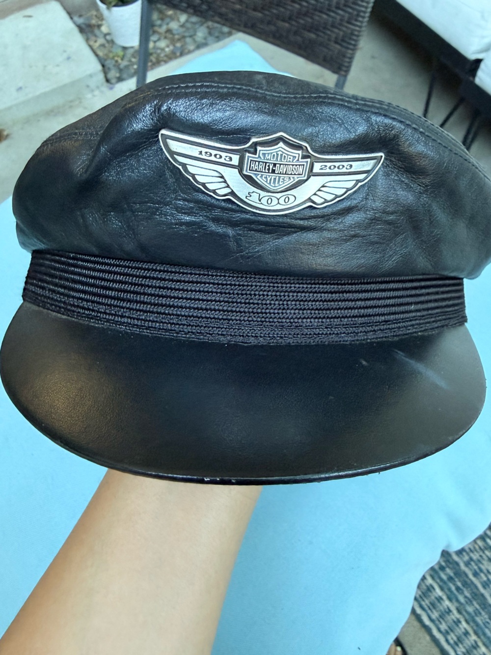 Harley-Davidson Black Leather Captain's Cap with Silver Wing Badge - Picture 2 of 6
